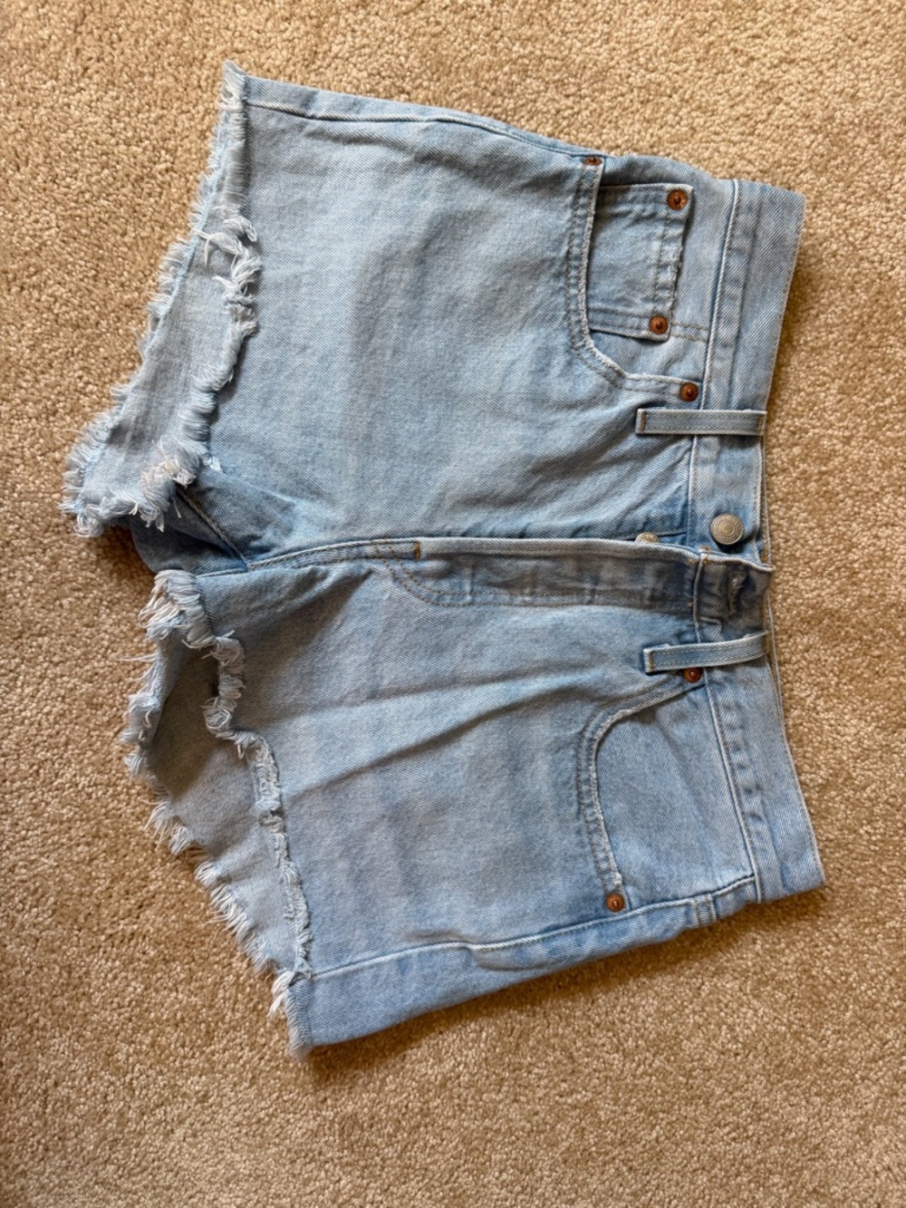Levi's 501 Light Blue Distressed Raw Hem Denim Shorts